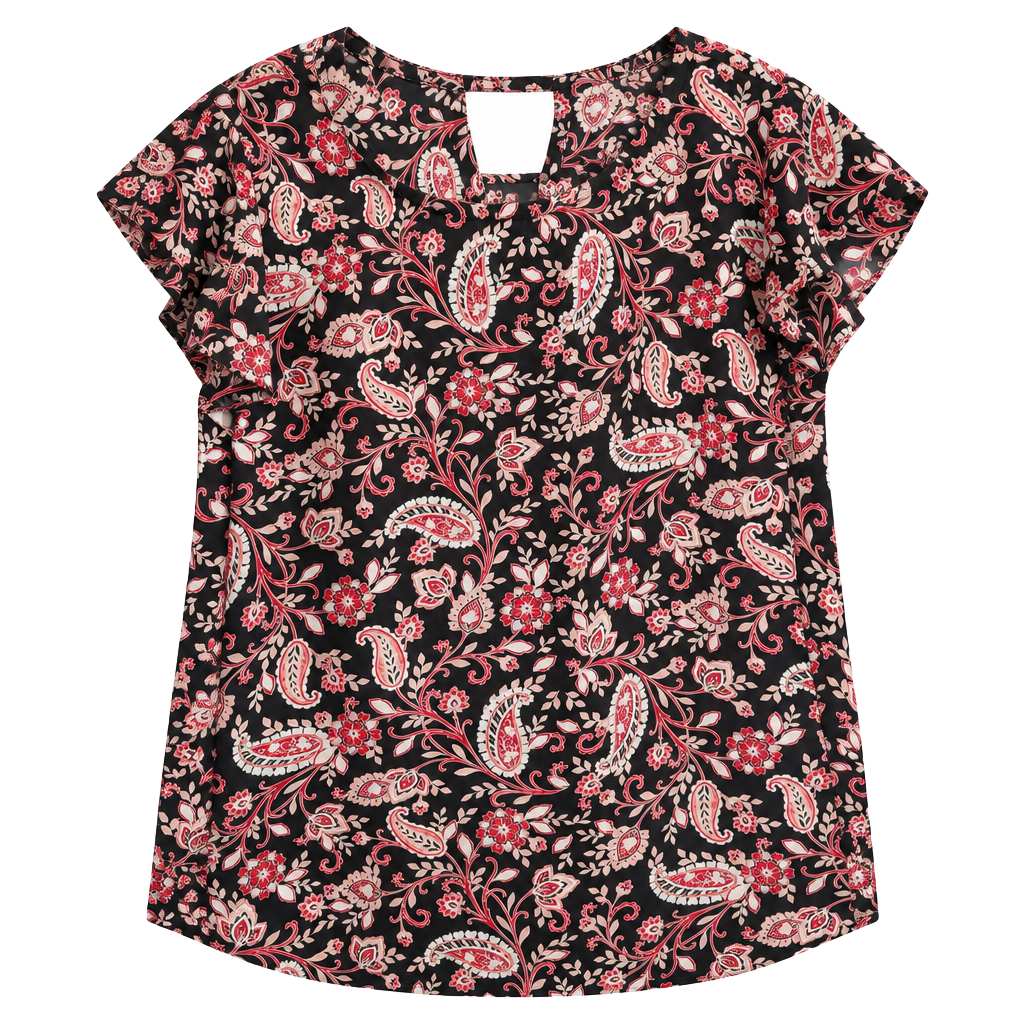 Loft Flutter Sleeve Top Size S Black Coral Paisley Print 1