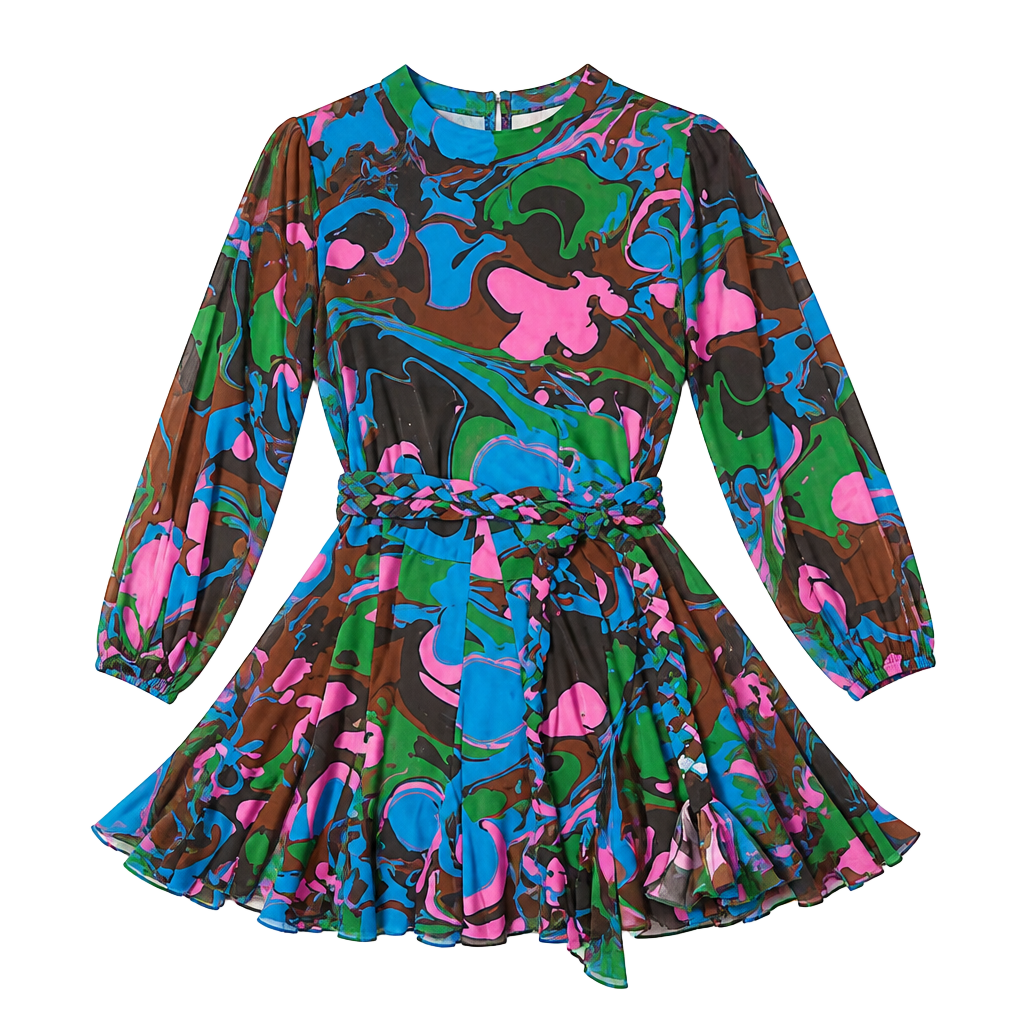 RHODE Ella Mini Dress with Braided Belt in Multi Marble Print 1