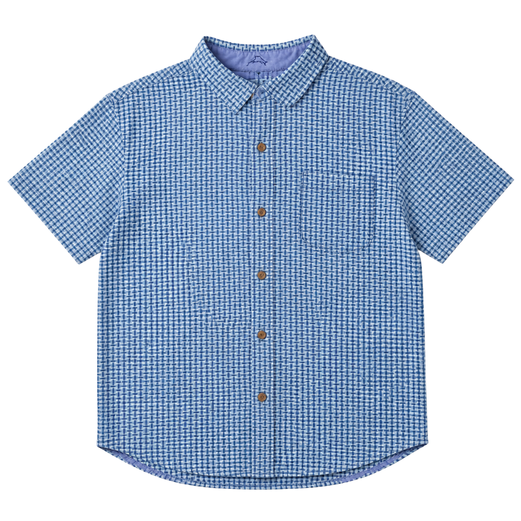 Tommy Bahama Blue Basketweave Geometric Print Silk Blend Short Sleeve Button Down Shirt 1