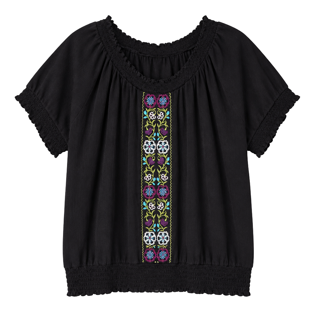 Fashion Bug Black Embroidered Floral Scoop Neck Short Sleeve Pullover Blouse 3XL 1