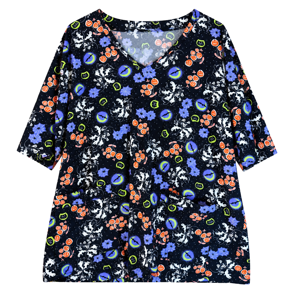 Landau Women’s Halloween Print Scrub Top Short Sleeve Chest Pocket Multi 1