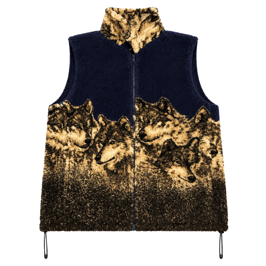 Mazmania Wolf Fleece Vest Size M Blue Black Faux Fur Wildlife Print USA 1