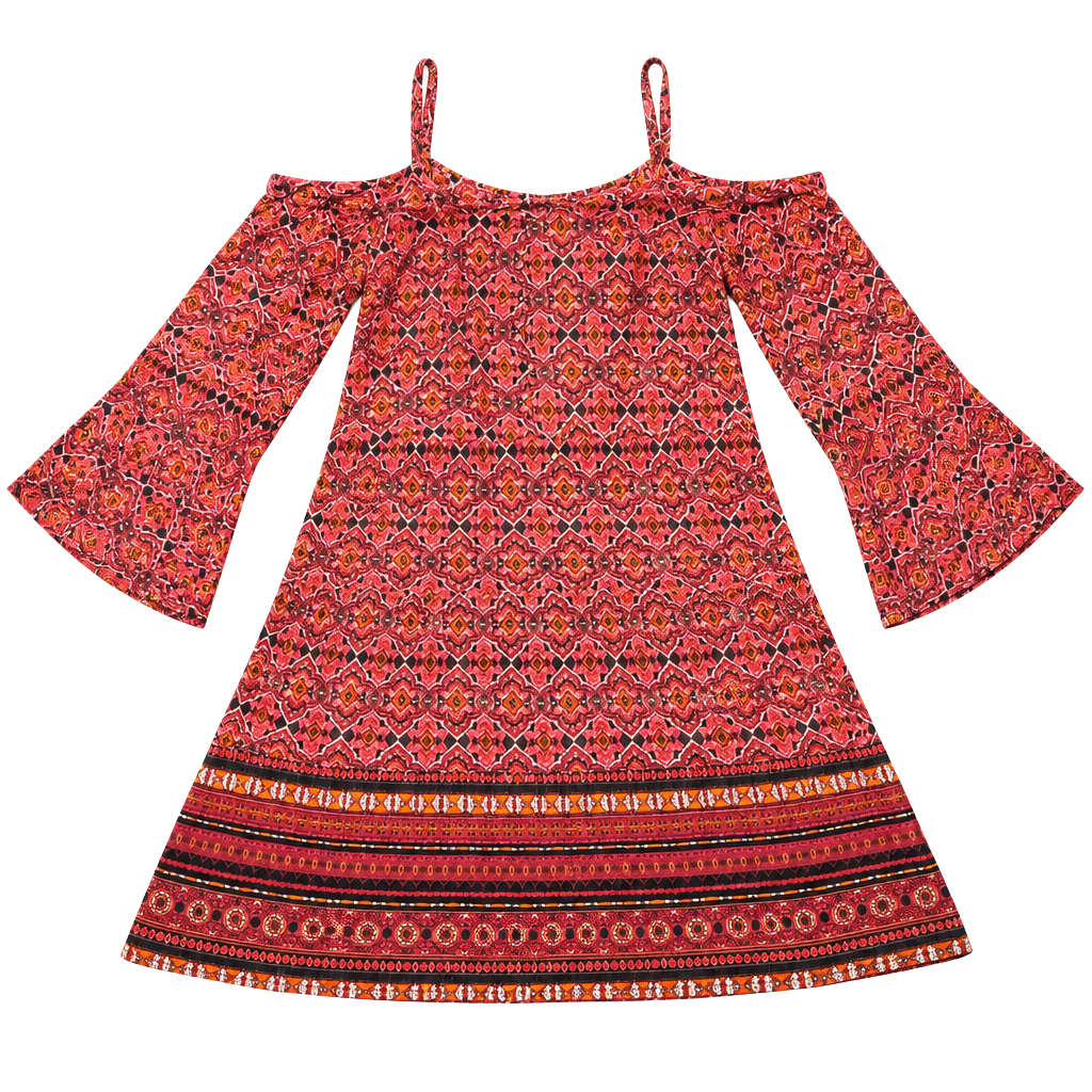Xhilaration Boho Cold Shoulder Bell Sleeve Dress Red Orange 1