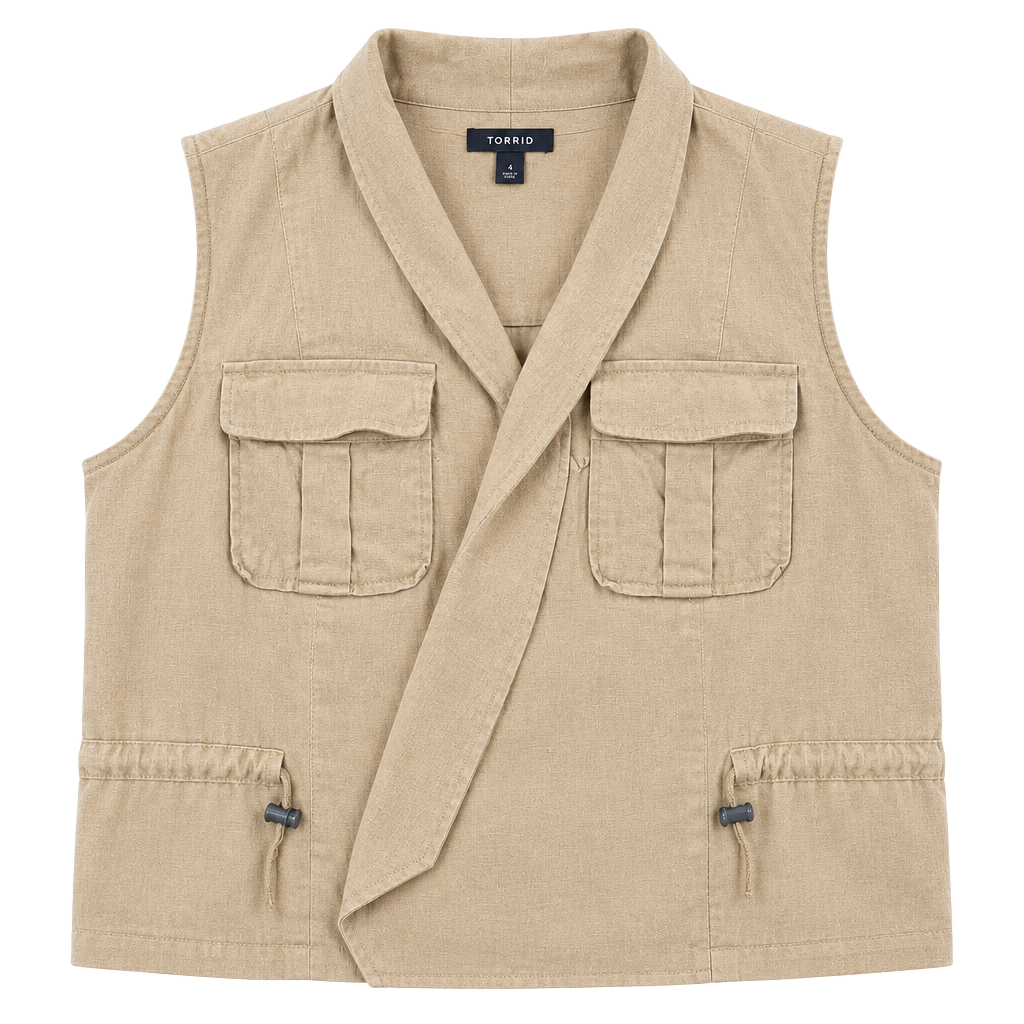 Torrid Utility Vest Size 4 Tan Linen Blend Cargo Pocket Drape Front 1