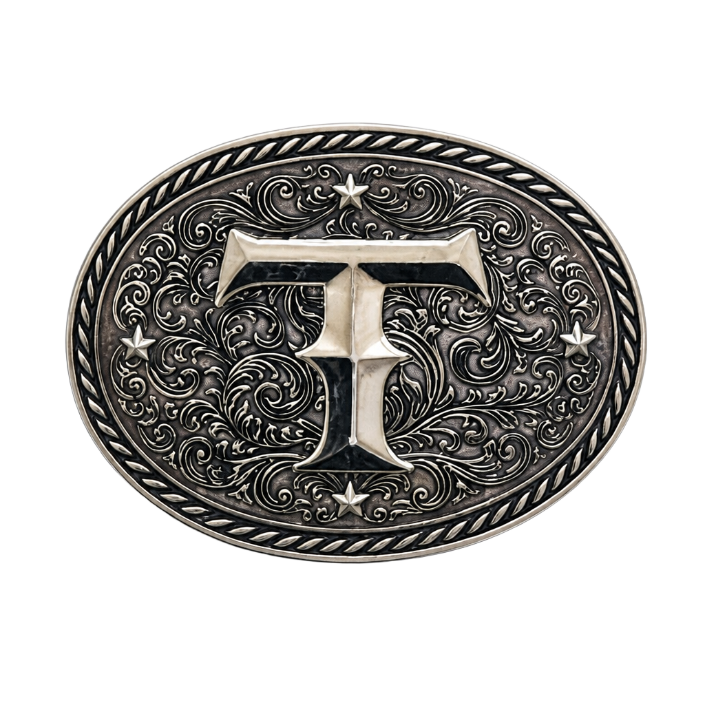 Western Vintage Initial Letter T Oval Belt Buckle Silver Floral Rodeo Style 1