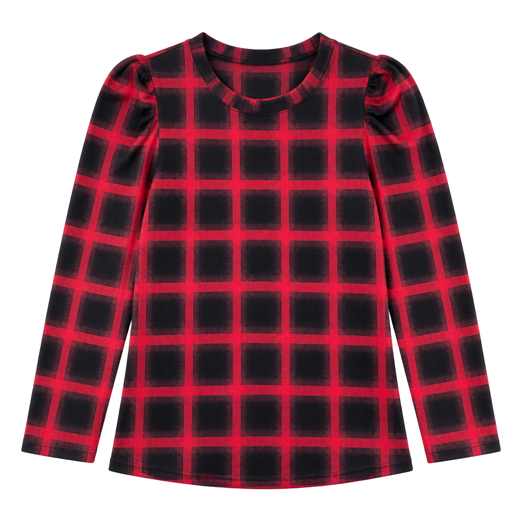 Oshffan Women's Red and Black Plaid Puff Sleeve Round Neck Top Small 1