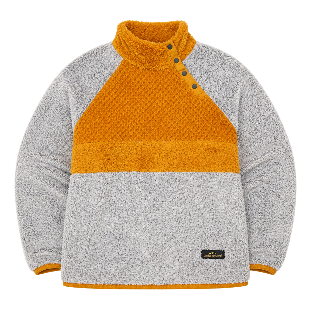 Simply Southern Gray and Mustard Yellow Sherpa Snap-Neck Fleece Pullover Unisex Size XL 1