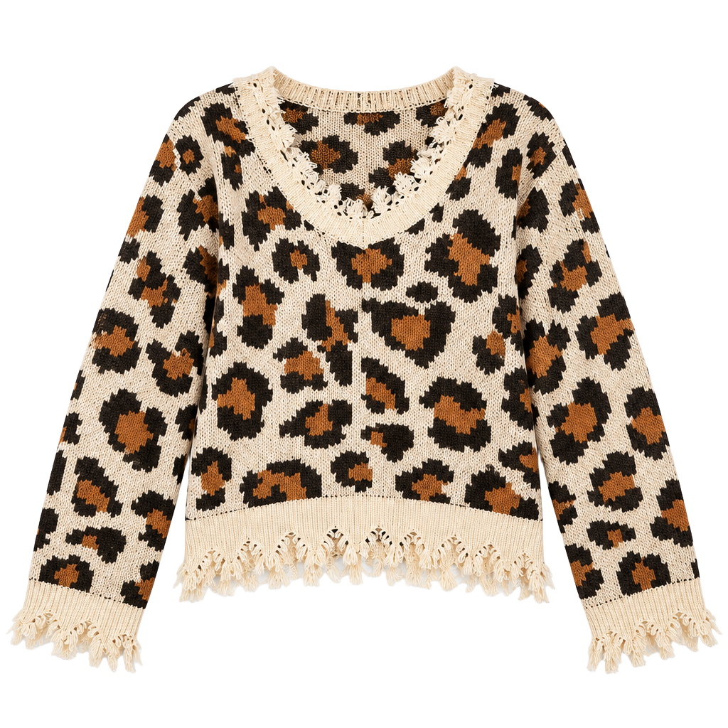 Full Circle Trends Leopard Fringe Sweater Women’s L Distressed V Neck Boho 1