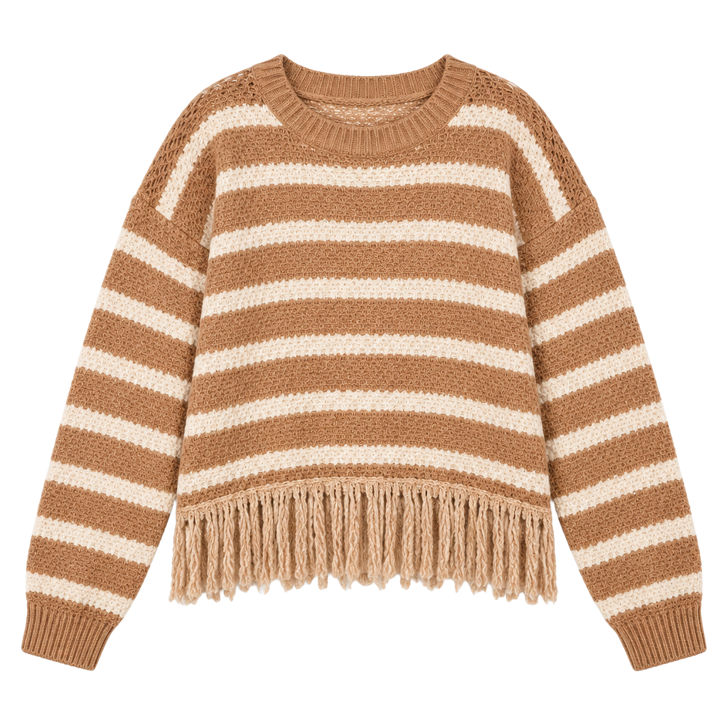 Dreamers by Debut Fringe Sweater Women’s Size L Camel Cream Striped Knit Boho 1
