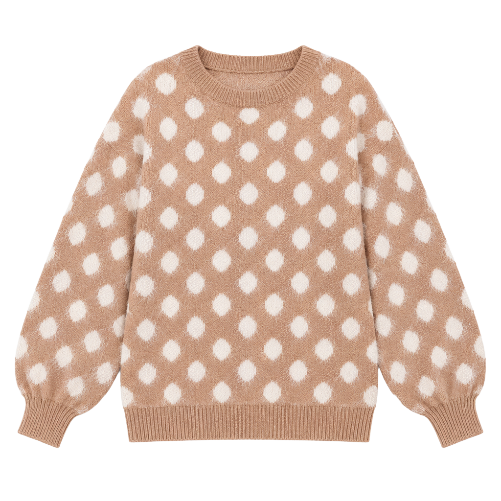 Cotton Bleu Fuzzy Polka Dot Sweater Women’s M Camel Cream Cozy Knit 1