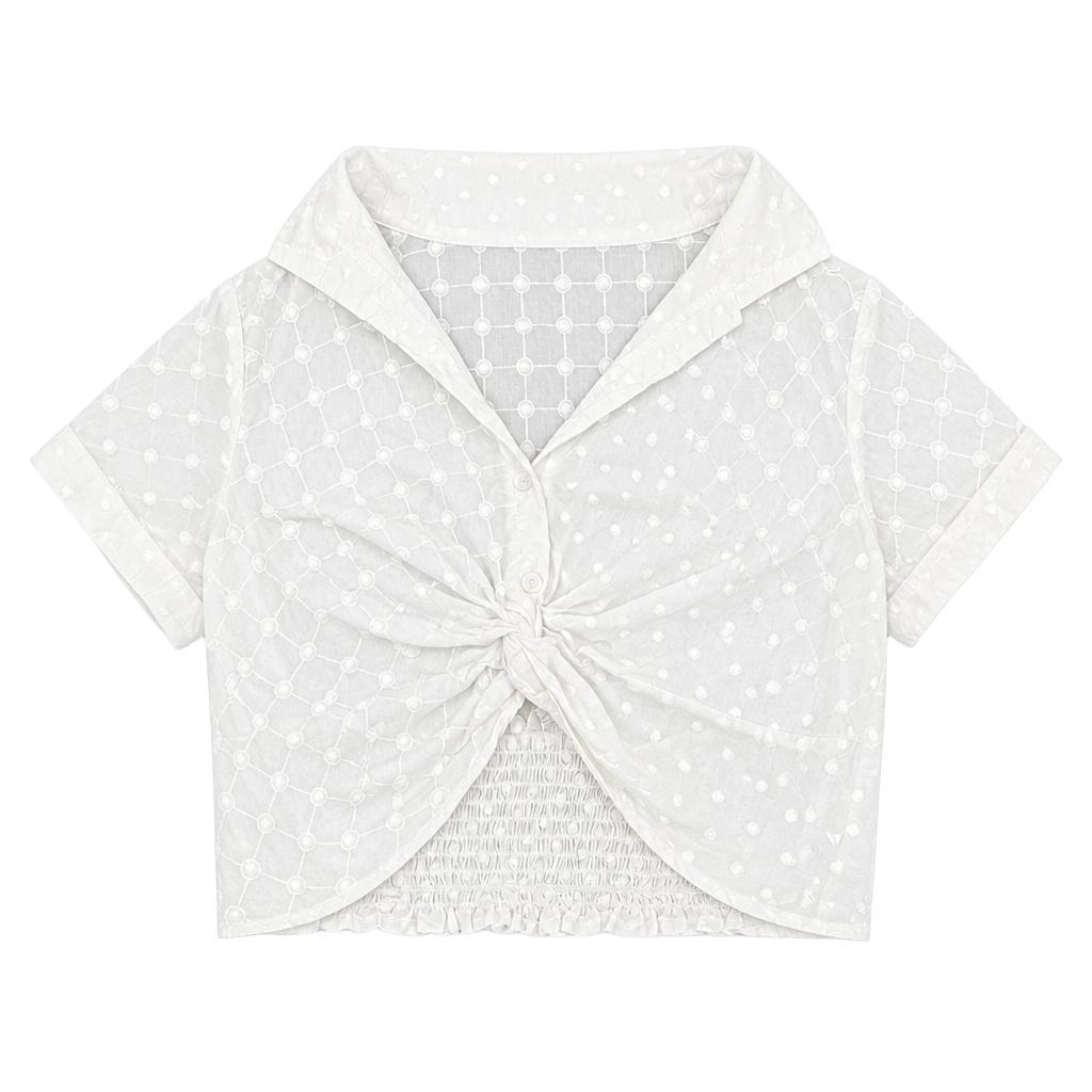 Kirious Los Angeles White 100% Cotton Eyelet Short Sleeve Button Up Crop Top 1