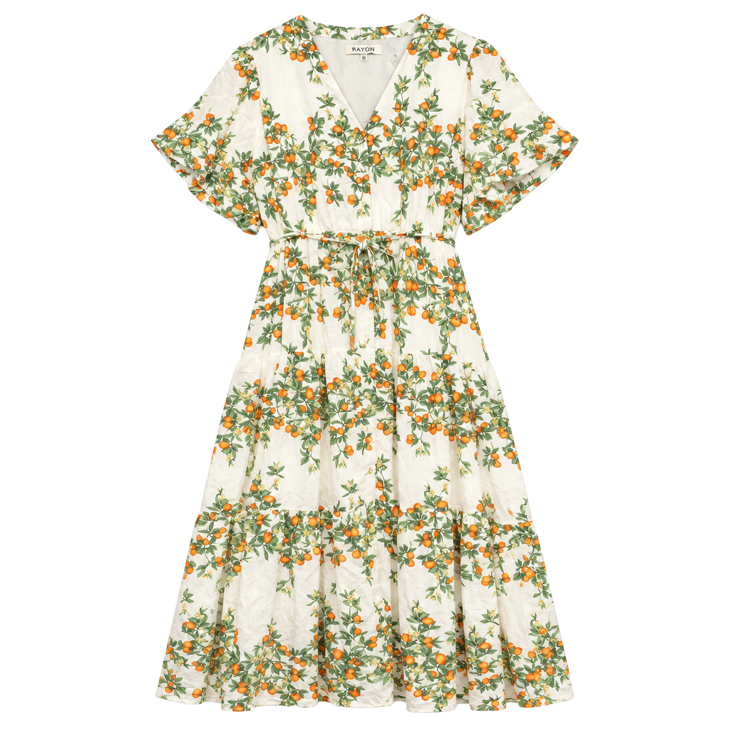 Taylor Maxi Dress Size 22W Ivory Sunset Orange Citrus Print Puff Sleeve 1