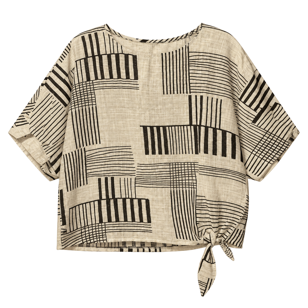 Charlie B Blouse Size M Black White Geometric Print Tie Hem Top 1