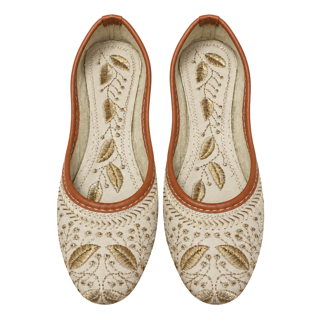 Children’s Apple Handcrafted Jutti Flat Shoes Off White Gold Embroidery 1