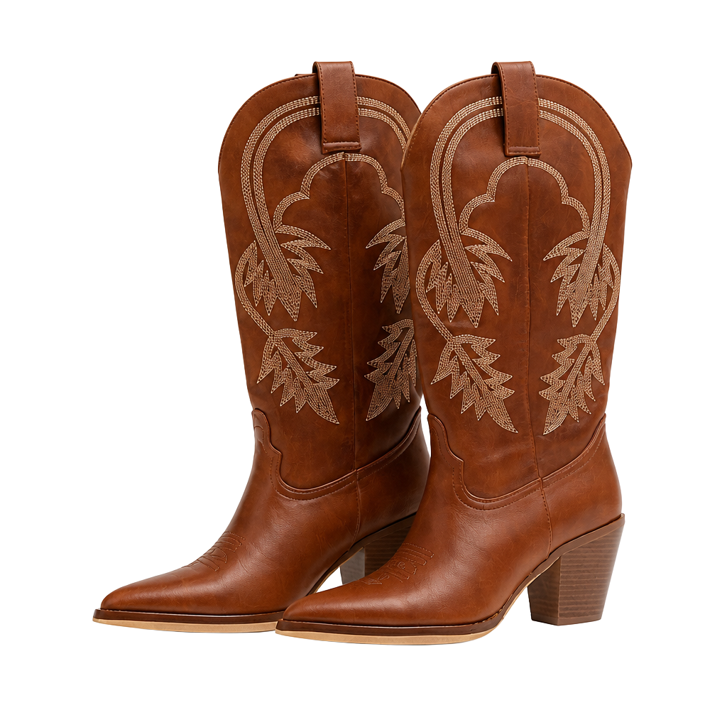 Women's Brown Western Cowboy Boots with Leaf Embroidery and Chunky Heel, Size 8.5 1