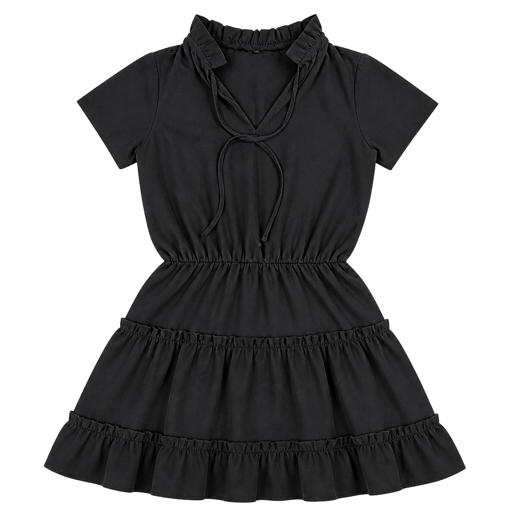 Unbranded Black Ruffle Tiered A-Line Mini Dress with Tie Neck 1