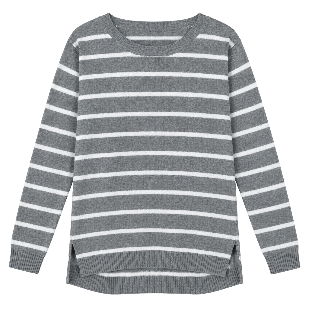 Womens Pullover Casual Loose Sweaters Gray and White Stripe Print 1