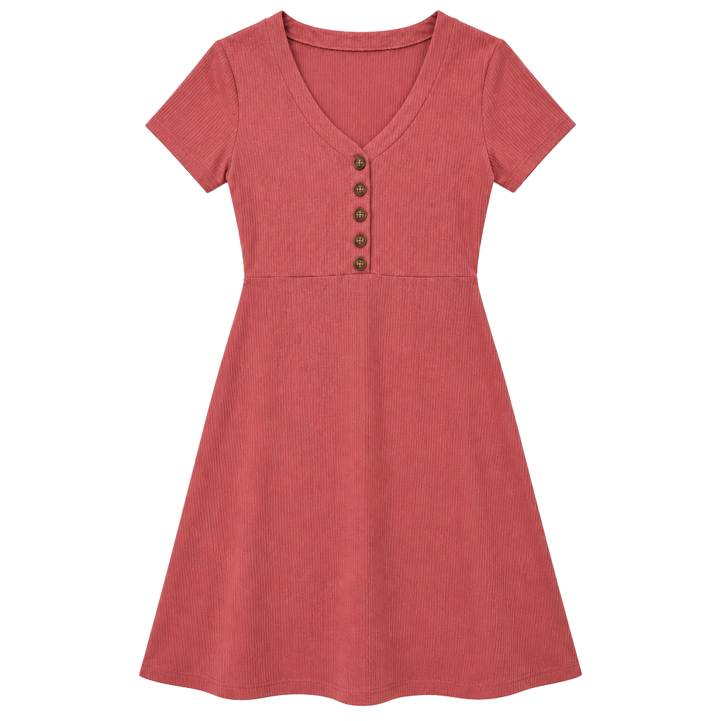 Pink Rose Ribbed Button Dress Coral Pink 1