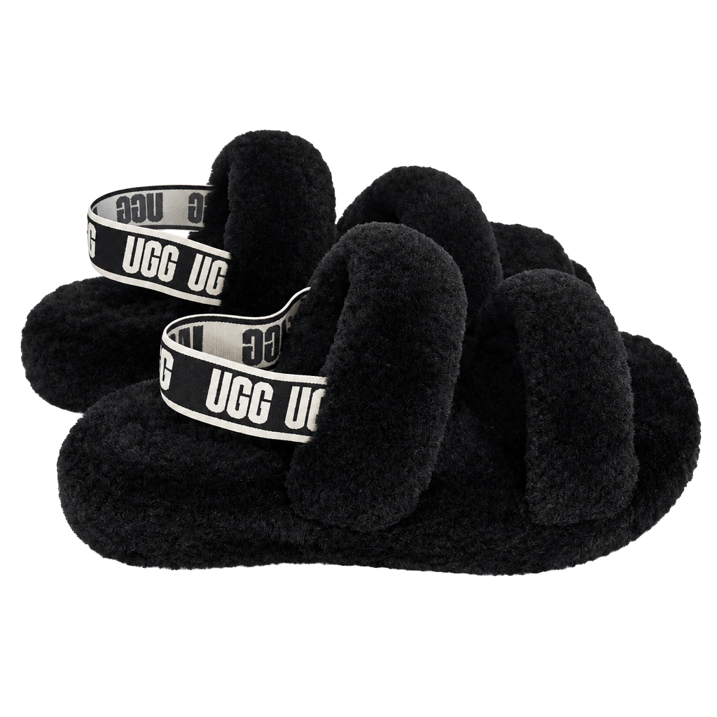 UGG Oh Yeah Slides Size 38 Black Sheepskin Logo Strap Slippers 1