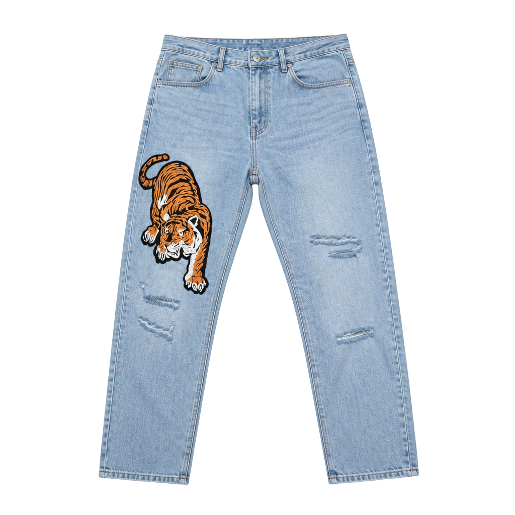 Fashion Nova Tiger Embroidered Distressed Slim Fit Jeans 1