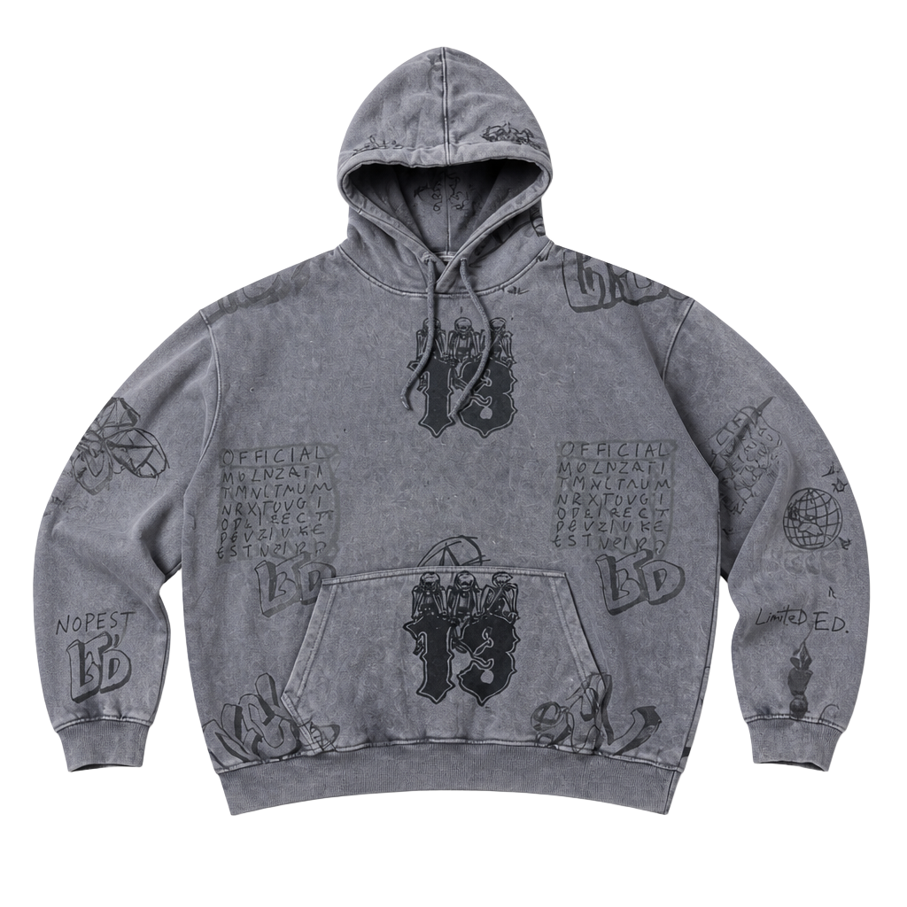Official 13 Graffiti Print Pullover Hoodie Grey 1