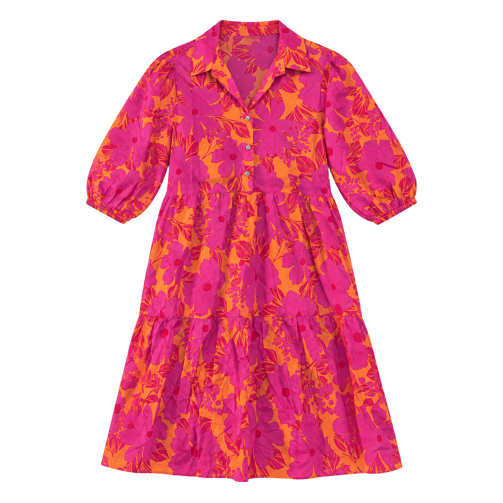 Karlie Floral Tiered Shirt Dress Pink Orange Sz M 1