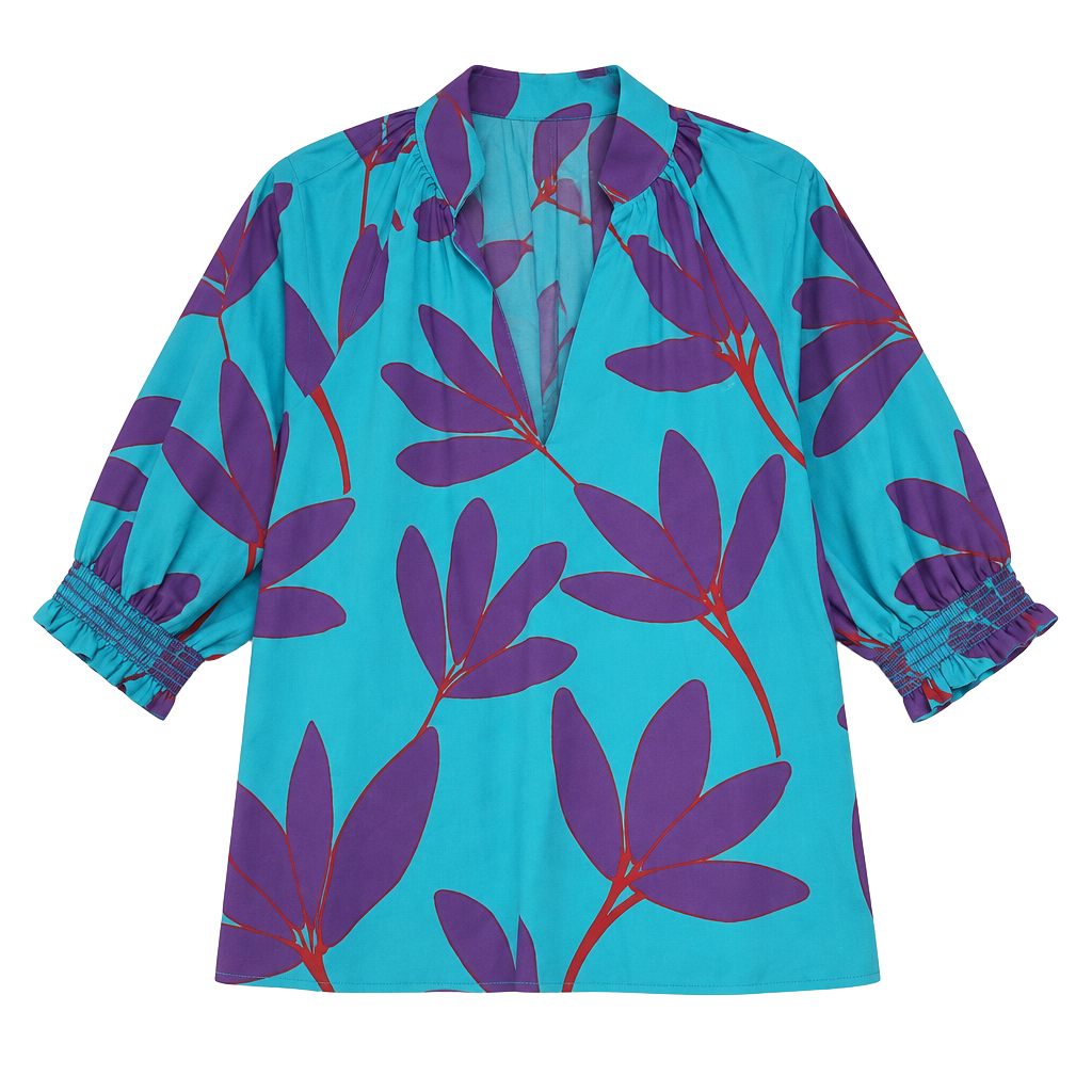 Karlie Floral Print Blouse Size S Blue Purple V-Neck Puff Sleeve Sz Small 1