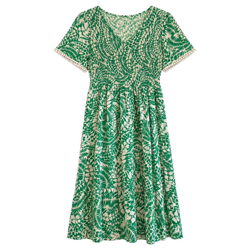 Luxology Green White Leaf Print Smocked Midi Dress 1