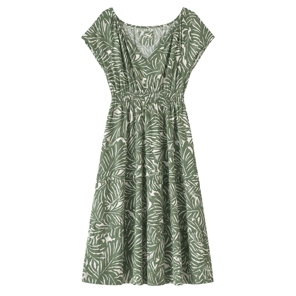 Nicole Miller New York Midi Dress Size L Green Leaf Print Smocked 1