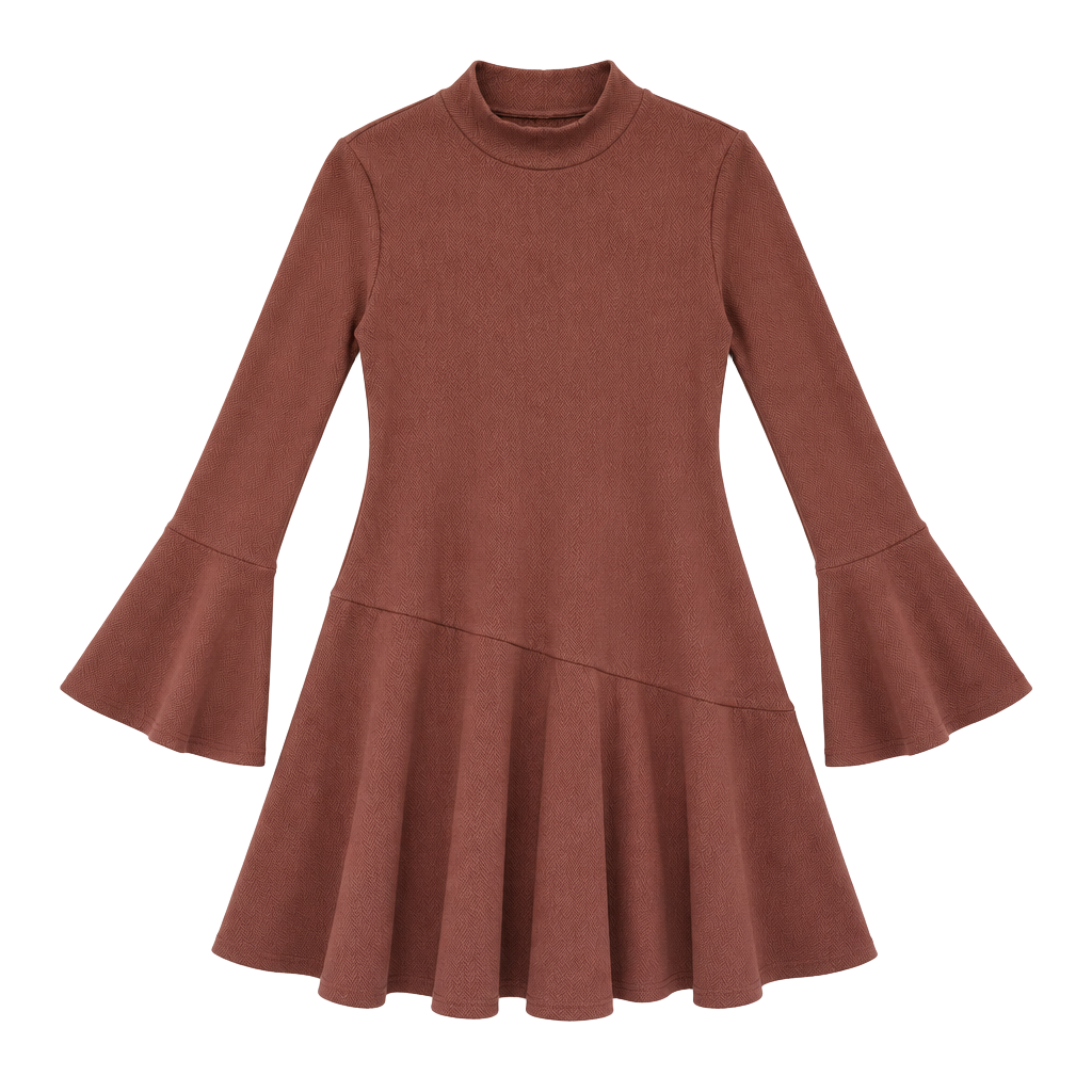 Wenrine Mock Neck Long Sleeve Ruffle Dress Size M Brown 1