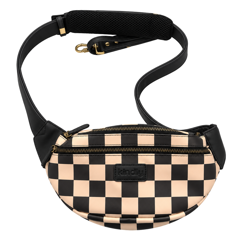 Kindly Checkered Photographer Crossbody Fanny Bag Black Tan 1