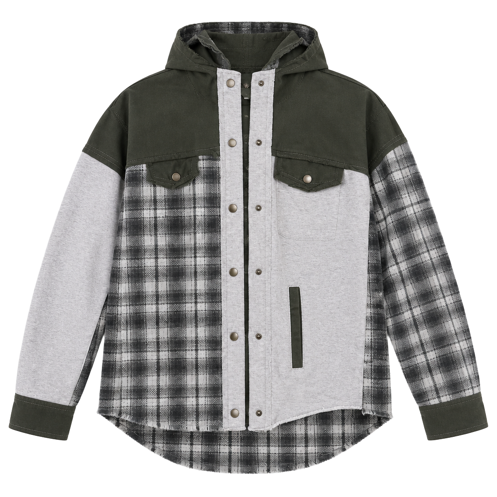 BKE Hooded Plaid Shacket Size L Green Gray Colorblock Button Up 1
