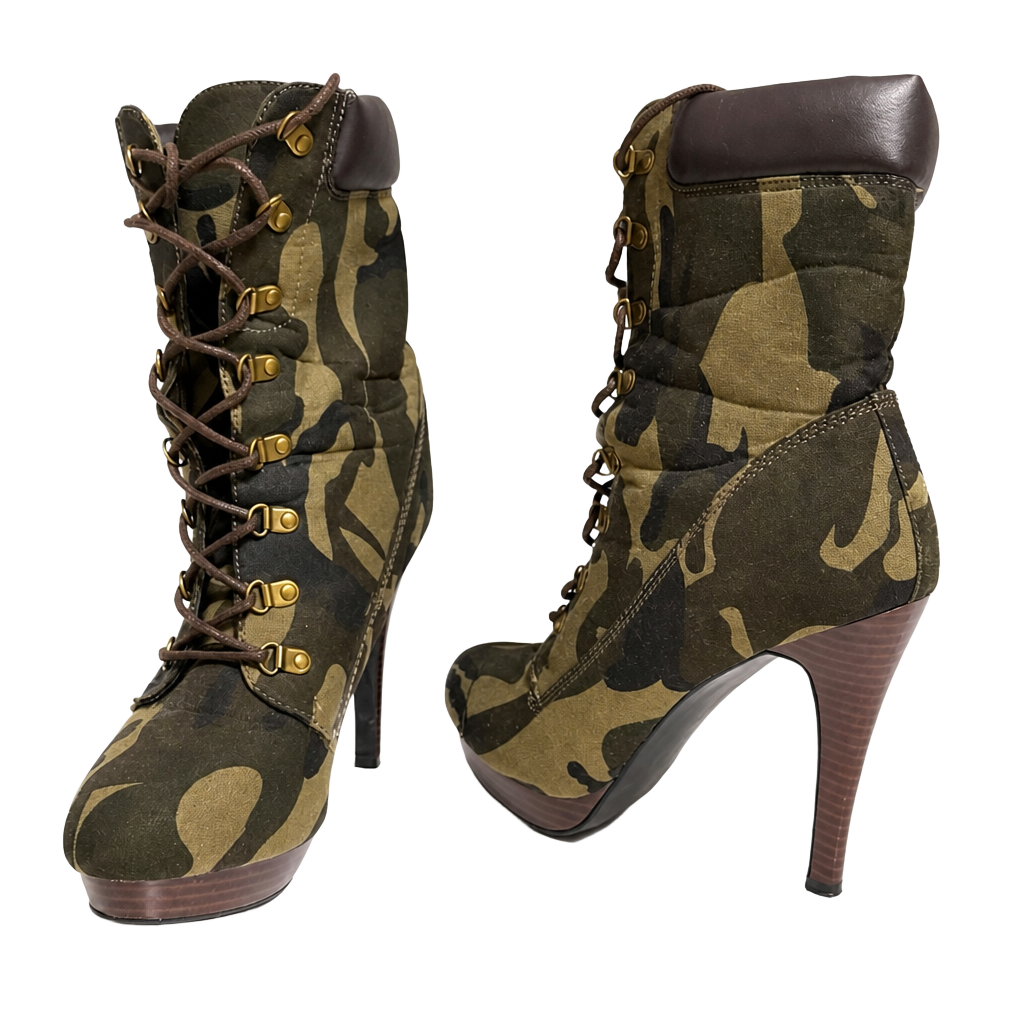 ShoeDazzle Jacelyn Camouflage Lace-Up Stiletto Platform Booties 1