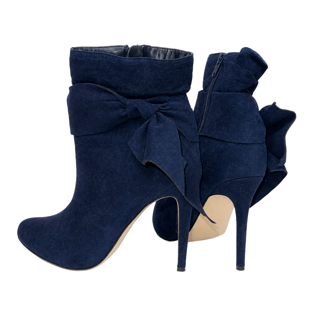 ShoeDazzle Navy Blue Faux Suede Bow Accent Stiletto Ankle Booties 1