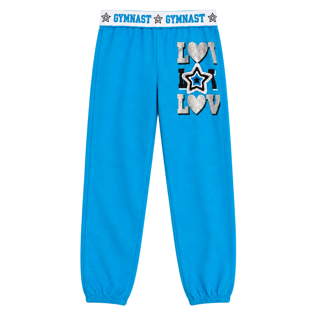 Justice Girls Size 10 Gymnast Sweatpants Blue Glitter LOVE Star Fleece Joggers 1