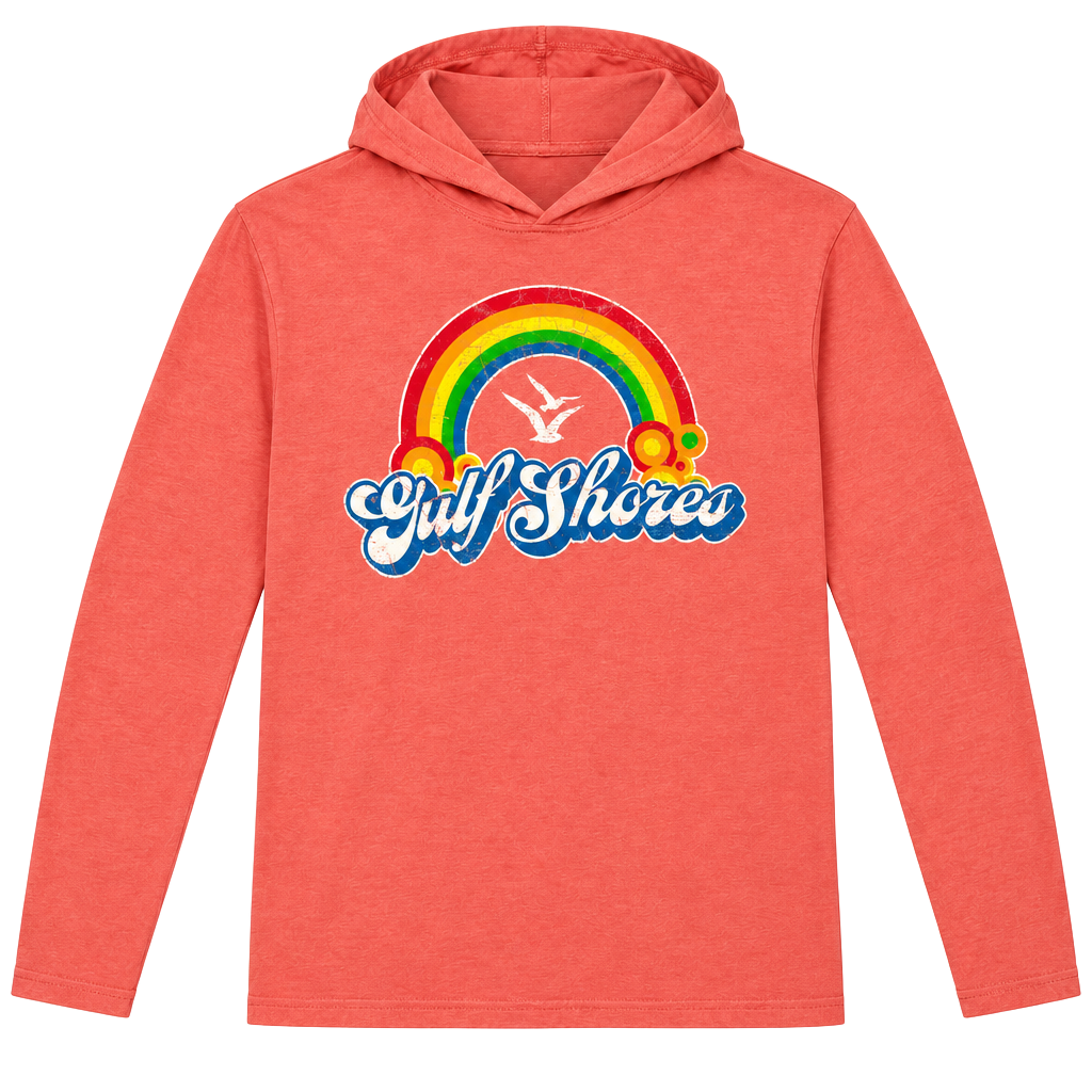 RetroVision Apparel Gulf Shores Rainbow Hooded Long Sleeve Top Size L Coral Girl 1