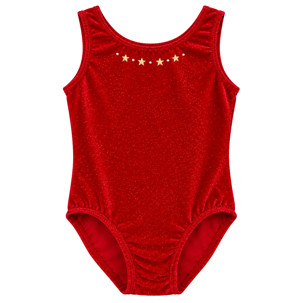 GK Elite Red Velvet Sparkle Gymnastics Leotard – Girls Large – Gold Stars 1
