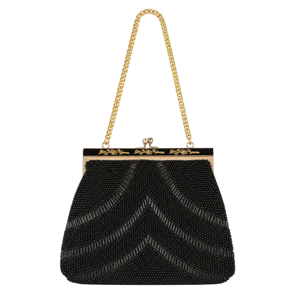 Vintage Magid Black Beaded Evening Bag Gold Chain Clasp 1