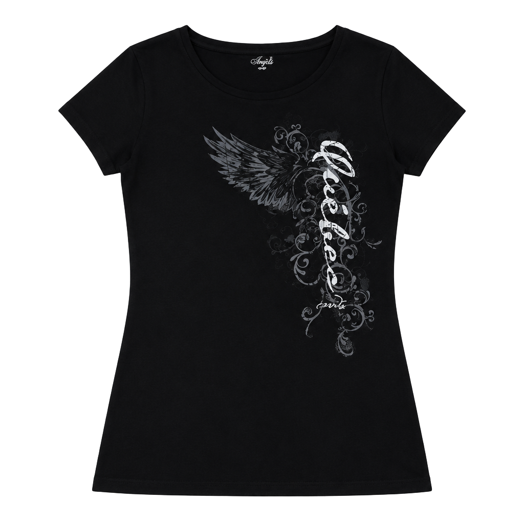 TeePee Graphic T-Shirt Size M Black Y2K Wings Scroll 1