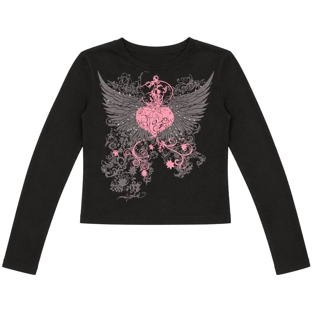 Hot Topic Y2K Cropped Long Sleeve Black Graphic Top Rhinestone Wings 1
