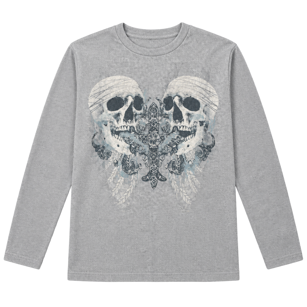 Scarlett Gray Long Sleeve Skull Cross Shirt Gray Waffle Knit 1