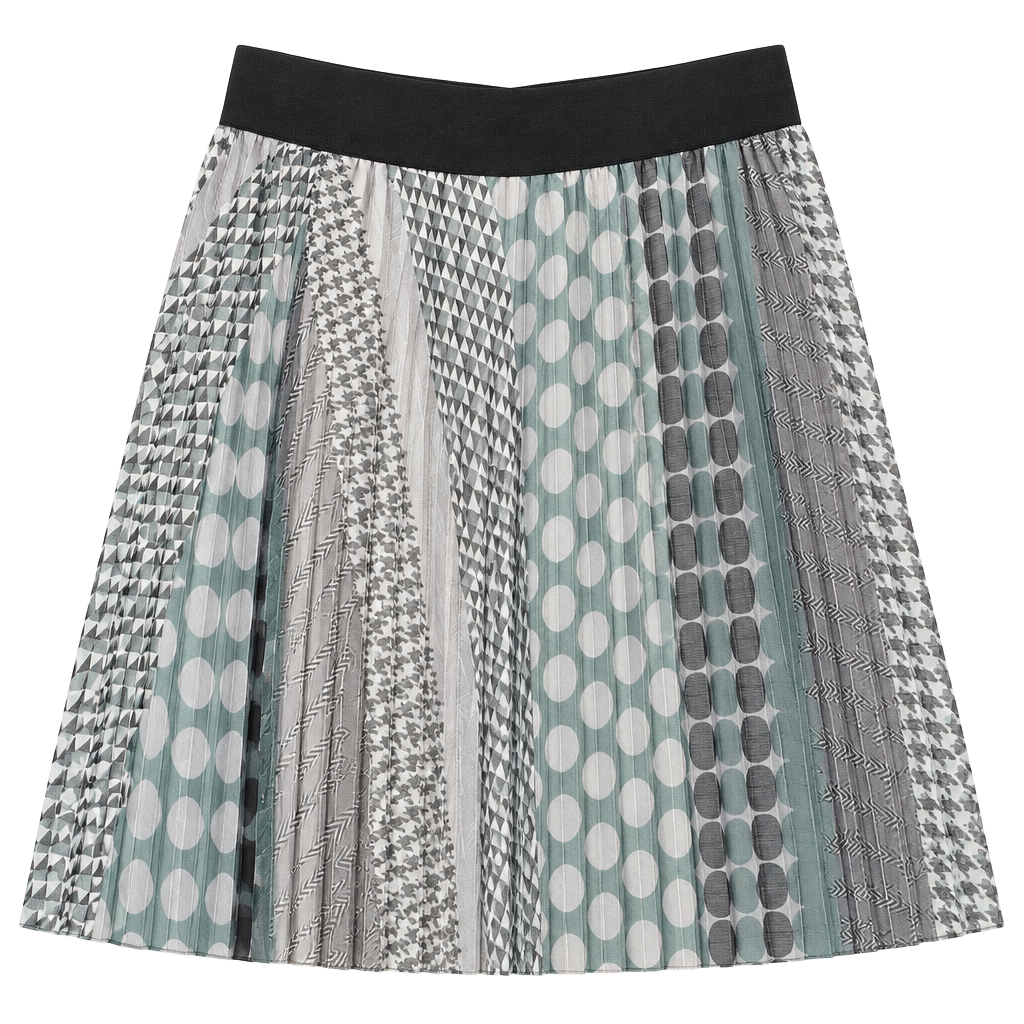 Pleated Midi Skirt Geometric Polka Dot Green Gray Black 1
