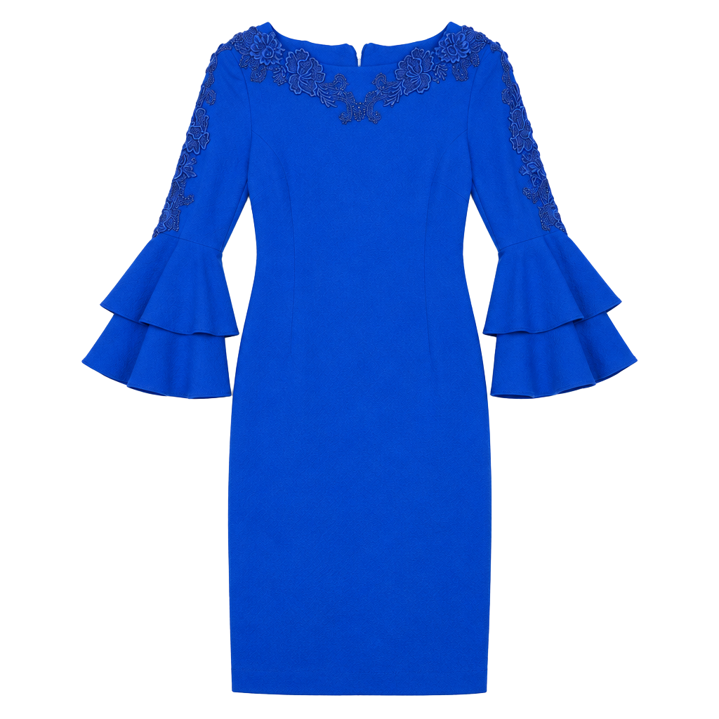 Calvin Klein Lace Applique Sheath Dress Size 6 Blue Tiered Sleeves 1