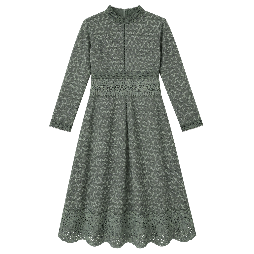 Dôen Midi Dress Green Long Sleeve Embroidered Lace 1