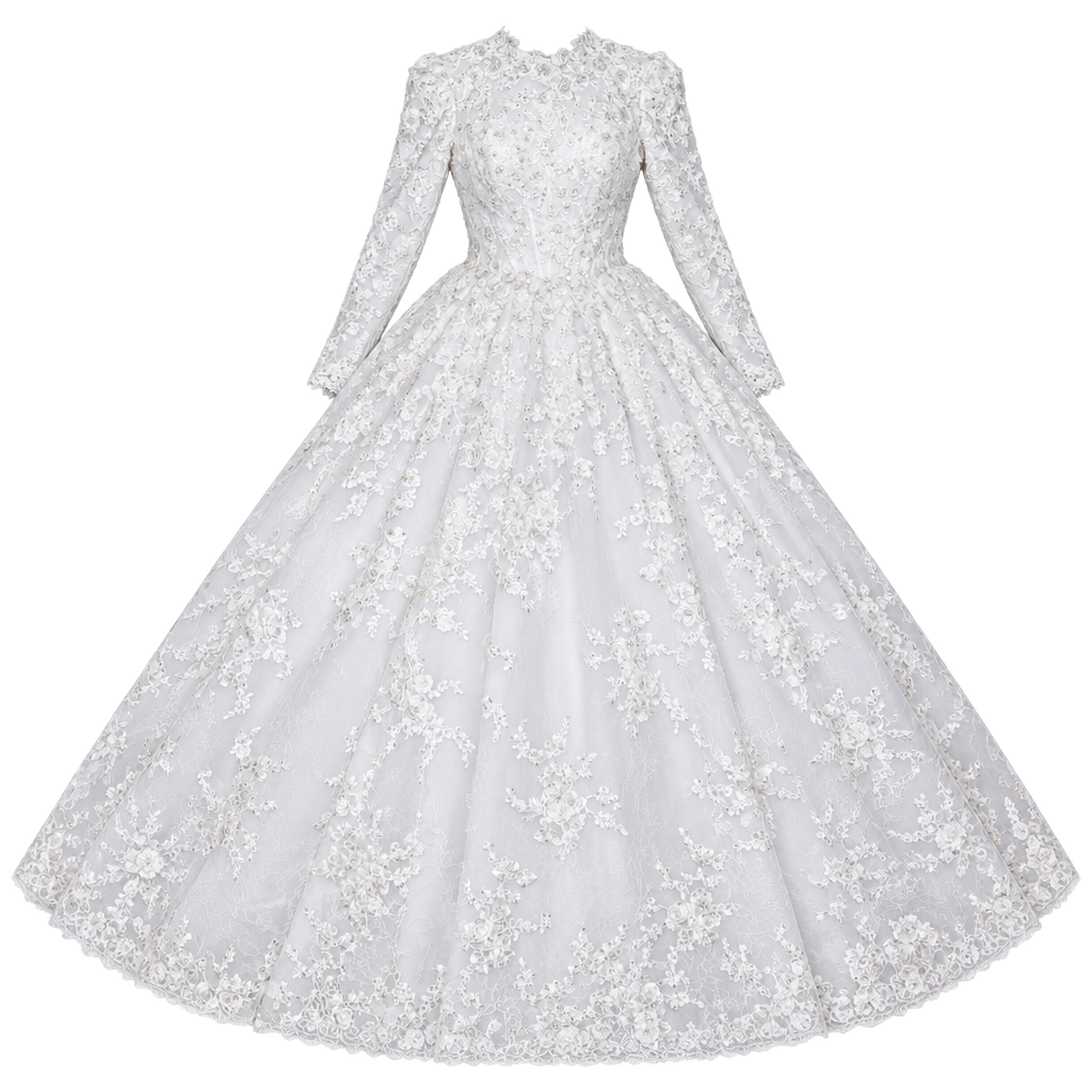 Custom Long Sleeve Lace Ball Gown Wedding Dress White 1