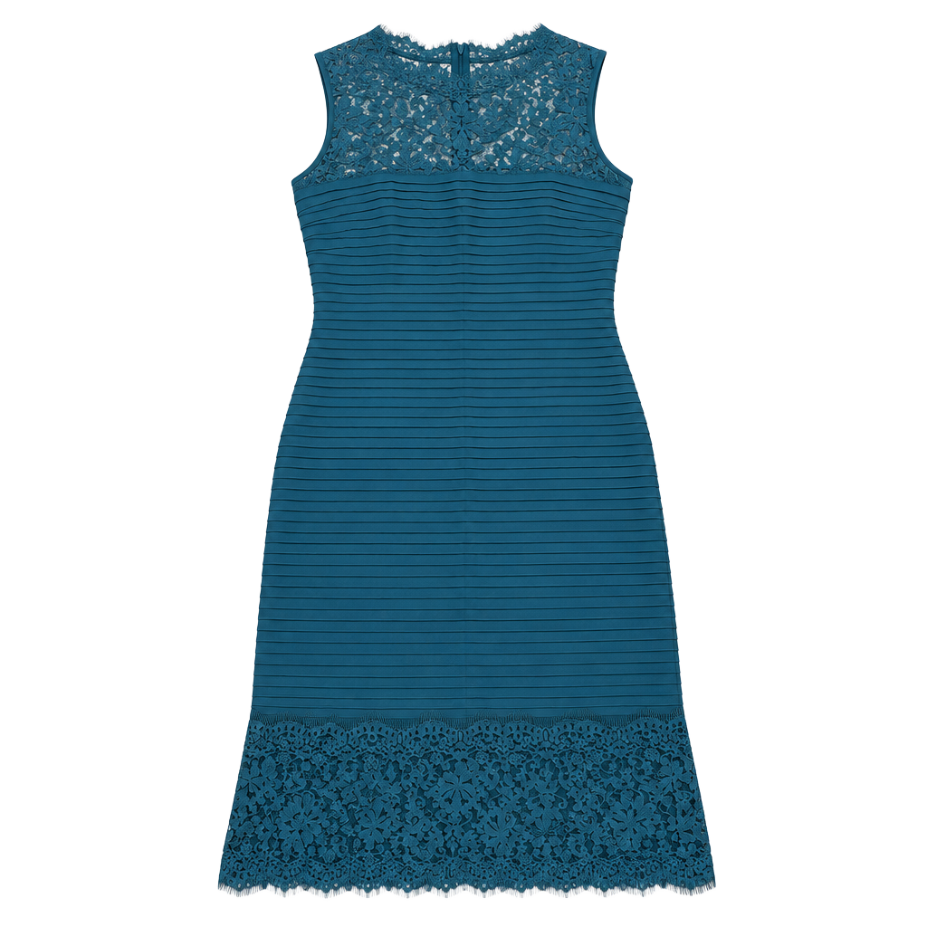 Tadashi Shoji Sheath Dress Size L Teal Blue Lace Pintuck Cocktail Dress 1
