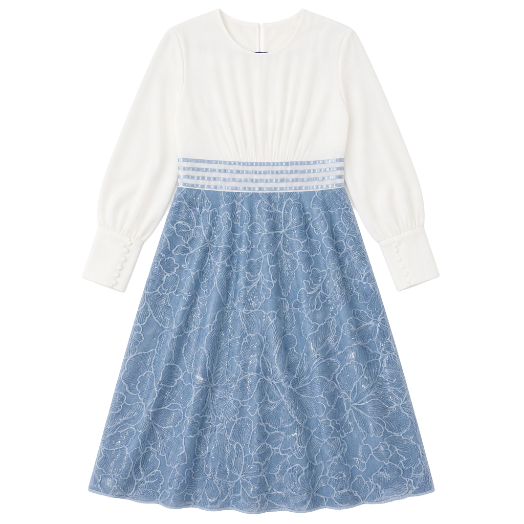 Eshet Chayil Dress Size L White Light Blue Floral Sequin Chiffon Midi 1