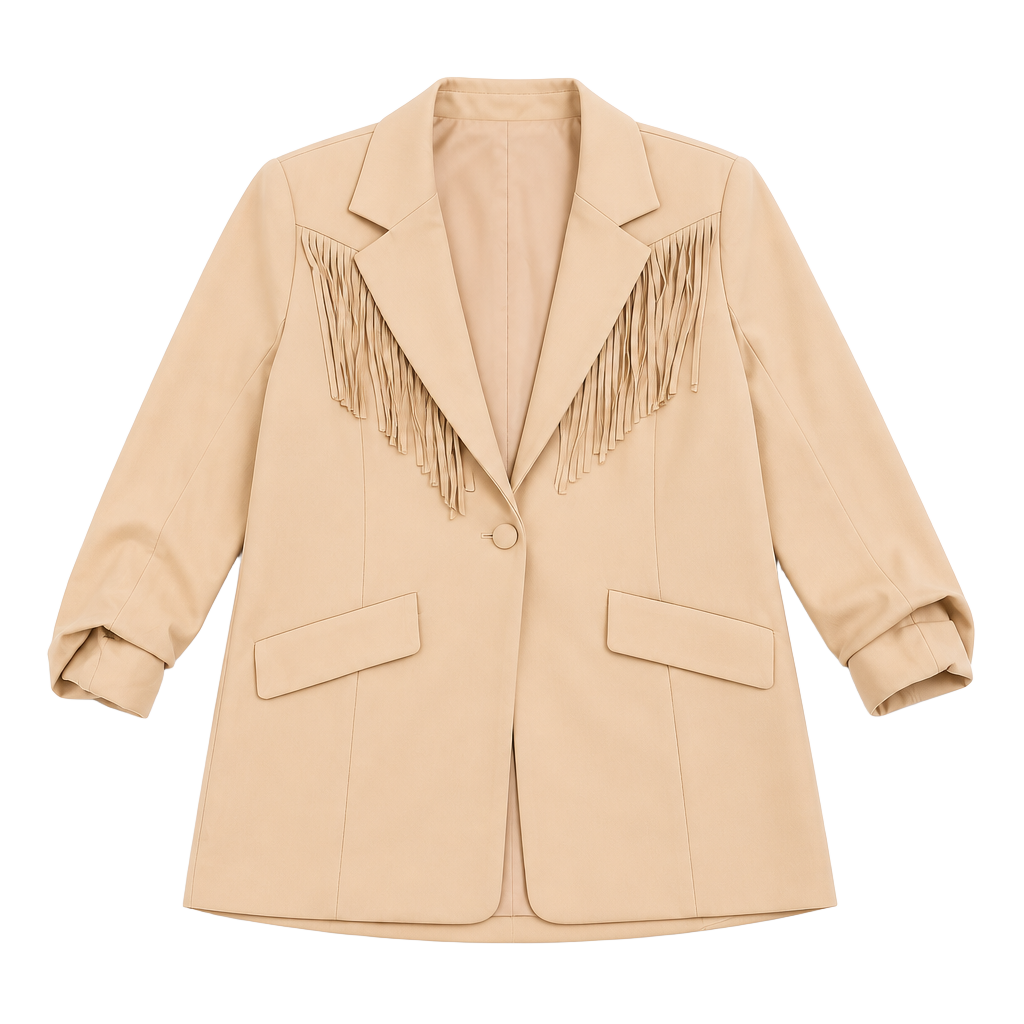 Strut & Bolt Beige Fringe Trim Blazer Jacket 1