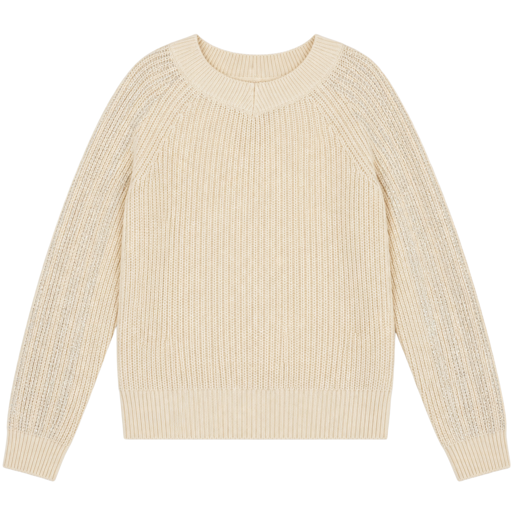White Ribbed Knit Long Sleeve Pullover Sweater with Metallic Detail 1
