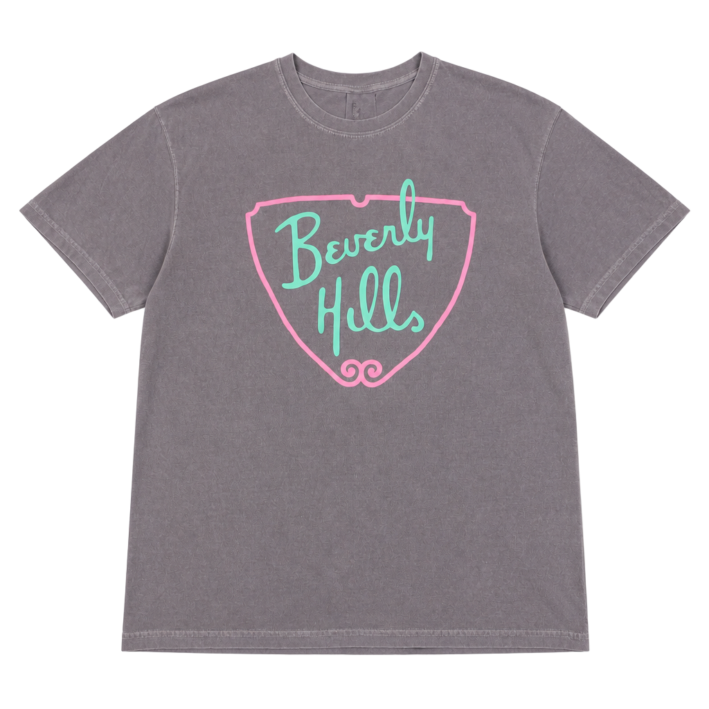 Beverly Hills Graphic T-Shirt Vintage Washed Grey Pink and Teal 1